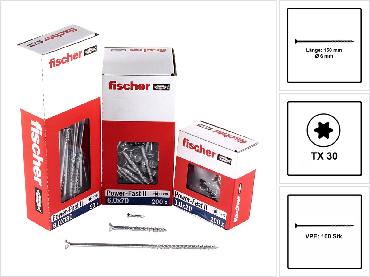 Fischer 100x Power-Fast II FPF II CTP 6 x 150 mm BC verzonken kop met binnenster TX30 deel draad gegalvaniseerd blauw gepassiveerd - 670463