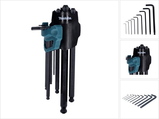 Montage van 3 afbeeldingen van inbussleutelsets met turquoise houders en het Makita-logo.