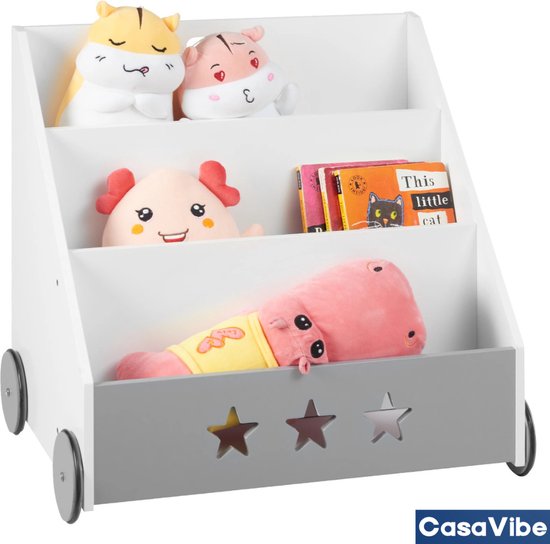 CasaVibe Kinderboekenrek - Kinderboekenkast - Boekenbak - Speelgoedkast - Kast voor kinderen - rek voor kinderkamer - Wit - Met Wielen