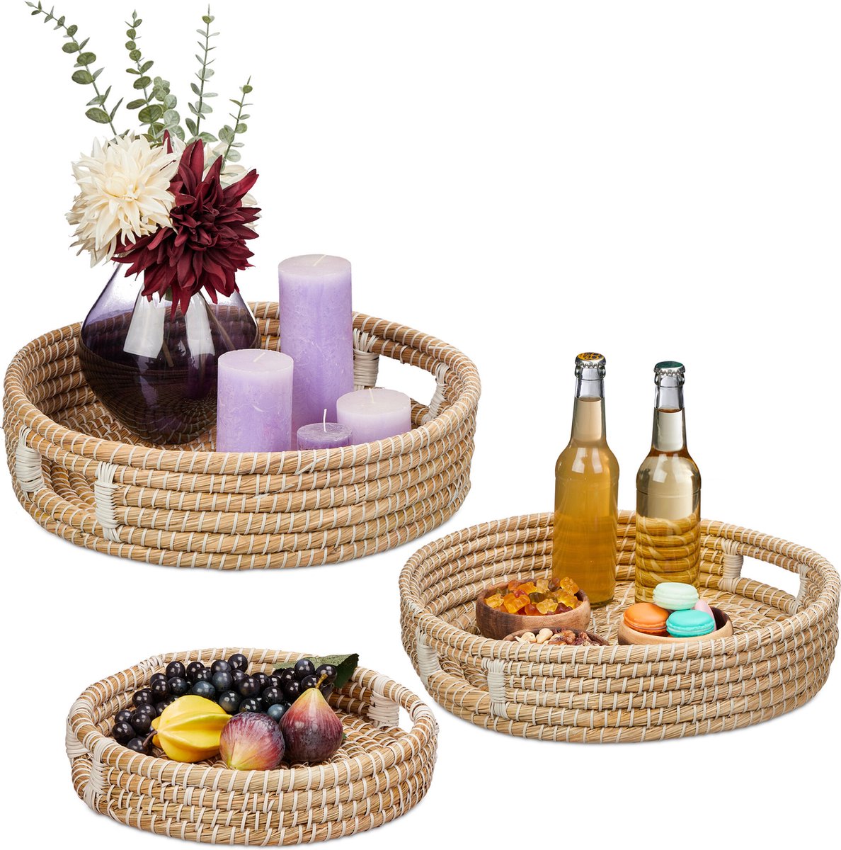 dienblad set van 3 - 43 cm - zeegras - handgrepen - decoratief - gevlochten - hoge rand - rond