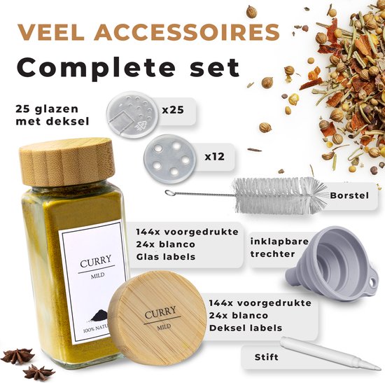 Schramm® Kruidenpotjes 150 ml vierkant 5,5 x 5,5 x 10 cm met bamboe sluiting incl. etiketten naar keuze 6, 12 of 24 stuks voorraadpotjes, Grootte:6 Stück