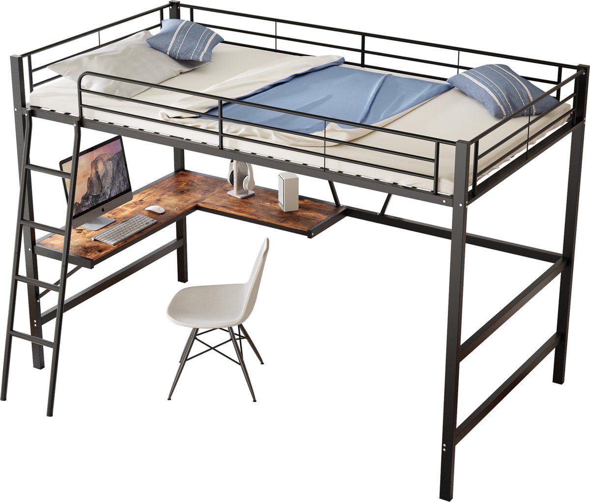 Merax Metalen Hoogslaper met Hoek Bureau - Bed 90x200 met Uitvalbeveiliging - Zwart