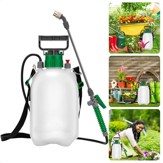 Cheqo® Plantensproeier - Drukspuit - Verstuiver - Druksproeier - Plantenspuit - 5 Liter - Met Handvat - Sproeilans - Verstelbaar Mondstuk - Vergrendelbare Trekker - Veiligheidsventiel - Draagriem - Tuin Besproeien - Onkruid Verdelgen