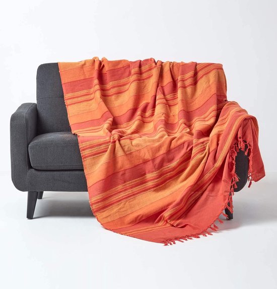 Grand couvre-lit Maroc orange, couvre-lit pour canapé 100 % coton, couverture douce 225 x 255 cm, rayures orange-terre cuite, avec franges