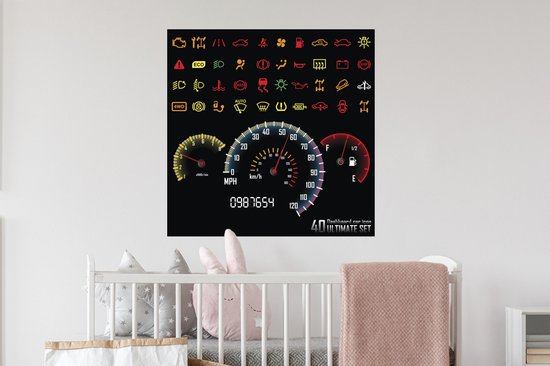 Sticker Muursticker Illustration voiture / avion tableau de bord - Illustration de symboles colorés dans la voiture sur le tableau de bord - 80x80 cm - film autocollant - sticker mural repositionnable