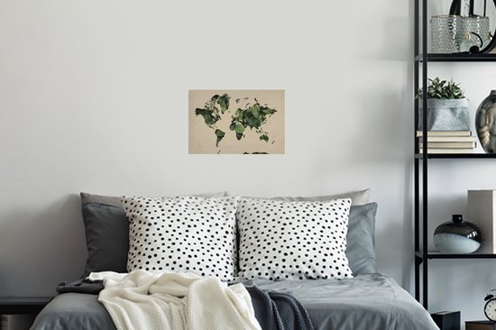 Sticker Muursticker Cartes du monde du Wereldkaart motif de feuilles sur fond couleur sable - 30x20 cm - Film adhésif autocollant - Sticker mural repositionnable