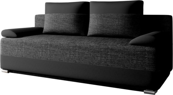 Slaapbank ATLANTA – 3-zits – Uitklapbaar tot tweepersoonsbed – Sofa Set - Met Opbergruimte en Binnenvering – Geweven stof en kunstleer – Zwart