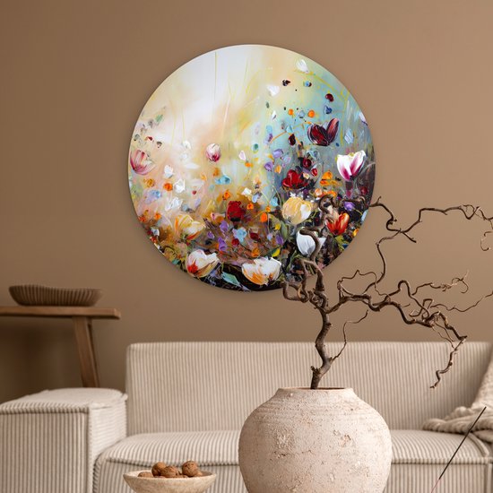 WallCircle - Cercle mural - Cercle mural intérieur - Peinture à l'huile - Fleurs - Coloré - Nature - 60x60 cm - Décoration murale - Peintures ronds