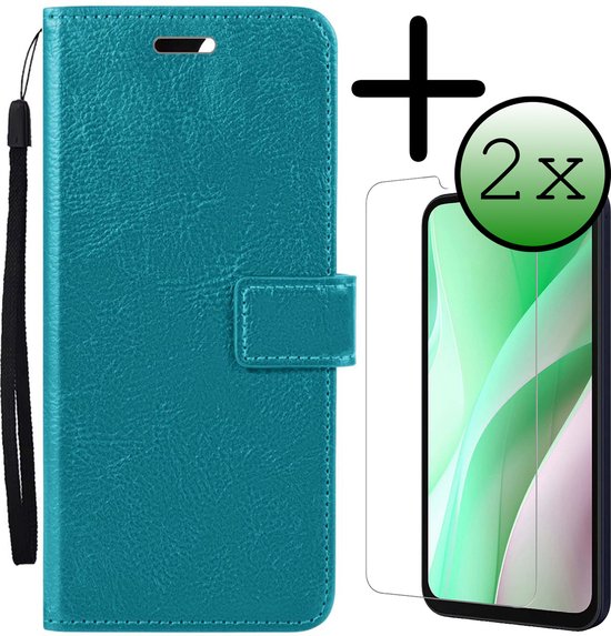 Hoesje Met 2x Screenprotector - Geschikt voor Samsung Galaxy A15 - Luxe Pasjeshouder - Bookcase Portemonee - Flip Case - Kunstleer Book Case - Flipcase Hoes - Book Cover - Walletcase - Portemonneehoes - Turquoise