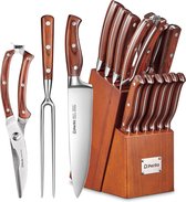 Coffret de couteaux 16 pièces - Bloc à couteaux - Avec fusil à aiguiser - Ciseaux de cuisine - Couteau de chef - Couteau à découper - Couteau à pain - Couteau Santoku - Couteaux à steak