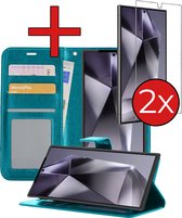 Hoesje Geschikt voor Samsung S24 Ultra Hoesje Book Case Hoes Portemonnee Cover Walletcase Met 2x Screenprotector - Hoes Geschikt voor Samsung Galaxy S24 Ultra Hoes Bookcase Hoesje - Turquoise