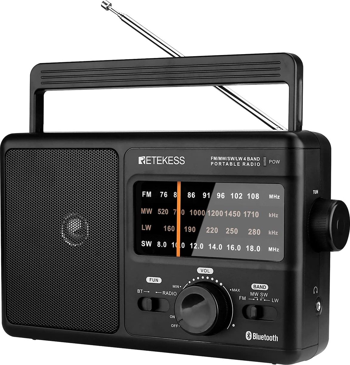 Beroli - Retekess TR626 - AM FM LW Kortegolfradio - Wereldband-radio-ontvanger - Draagbare Desktopradio's met Bluetooth - Aangedreven door AC of D-batterij - Geschikt voor Thuis (zwart)