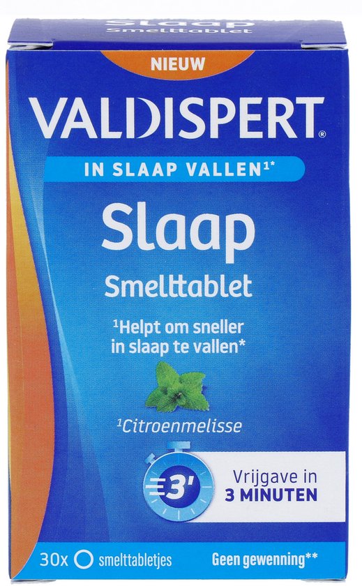 Doosje Valdispert Slaap Smelttablet. Met afbeelding van citroenmelisse. Helpt sneller in slaap vallen. Vrijgave in 3 minuten.