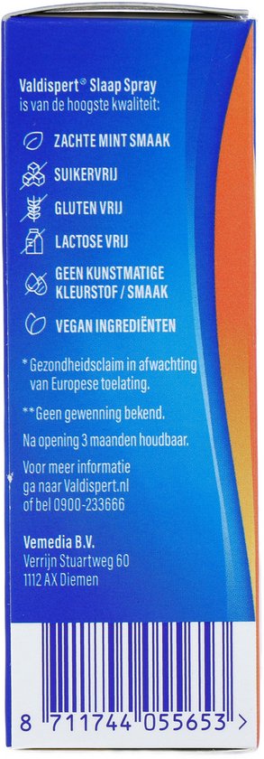 Zijpaneel Valdispert Slaap Spray: blauwe achtergrond, tekst over hoge kwaliteit, ingrediënten (suikervrij, glutenvrij, lactosevrij, vegan, geen kunstmatige kleur-/smaakstoffen) en houdbaarheid.