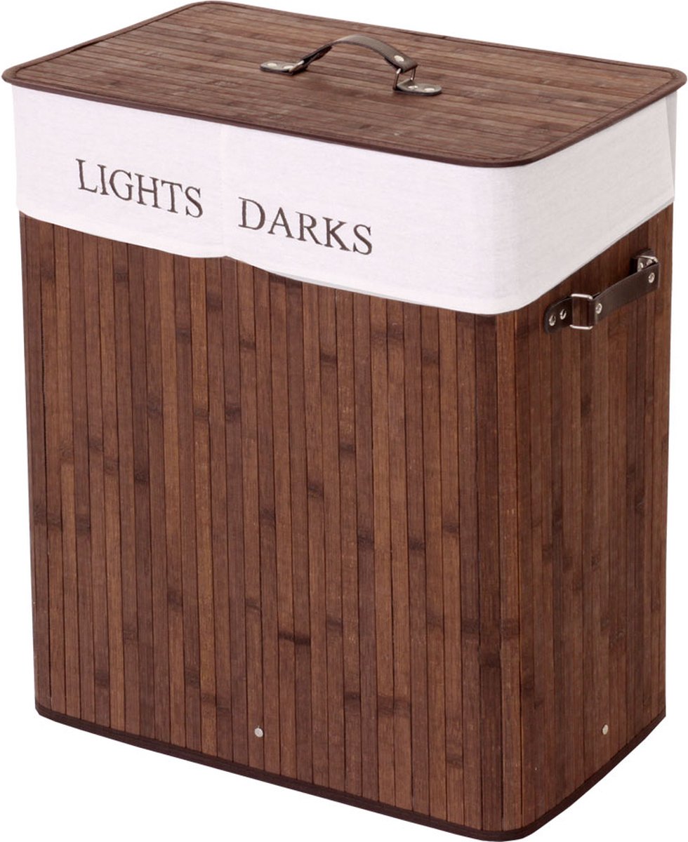 Goedkoopste Cosmo Casa Wasmand - Wasbox - Wascontainer - Bamboe - 2 Vakken - Donker Bruin - 63x55x34cm