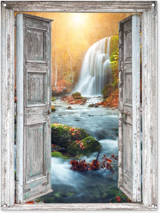 Tuinposter doorkijk deuren - Waterval - Landschap - Natuur - Herfst - Tuindoek - Tuinschilderij voor buiten - Tuin - 90x120 cm - Schuttingdoek - Tuindecoratie - Schutting decoratie