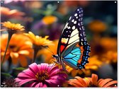 Tuinposter vlinder - Tuindecoratie - Vlinder op bloemen - 160x120 cm - Poster voor in de tuin - Buiten decoratie - Schutting tuinschilderij - Tuindoek muurdecoratie - Wanddecoratie balkondoek