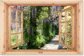 Tuinposter doorkijk - Lichtbruin raam - Tuindecoratie blauwe regen - 120x80 cm - Tuinschilderij voor buiten - Tuindoek - Wanddecoratie tuin - Schuttingdoek - Balkon decoratie groen - Muurdecoratie - Buitenschilderij..