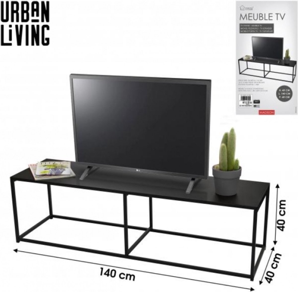 Urban Living MADISON - TV-meubel van zwart metaal - 140 x 40 x 40 cm
