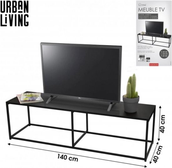 Zwart metalen tv-meubel met een tv, tijdschriften en plantje. Afmetingen 140 x 40 x 40 cm.