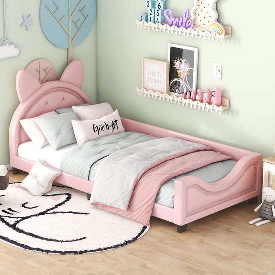 Eenpersoonsbed voor babybed 90x200cm - Karton in de vorm van mooie oren - Houten lattenbodem en rugleuning van pu-leer - Roze