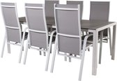 Break tuinmeubelset tafel 90x205cm grijs, 6 stoelen Copacabana grijs.