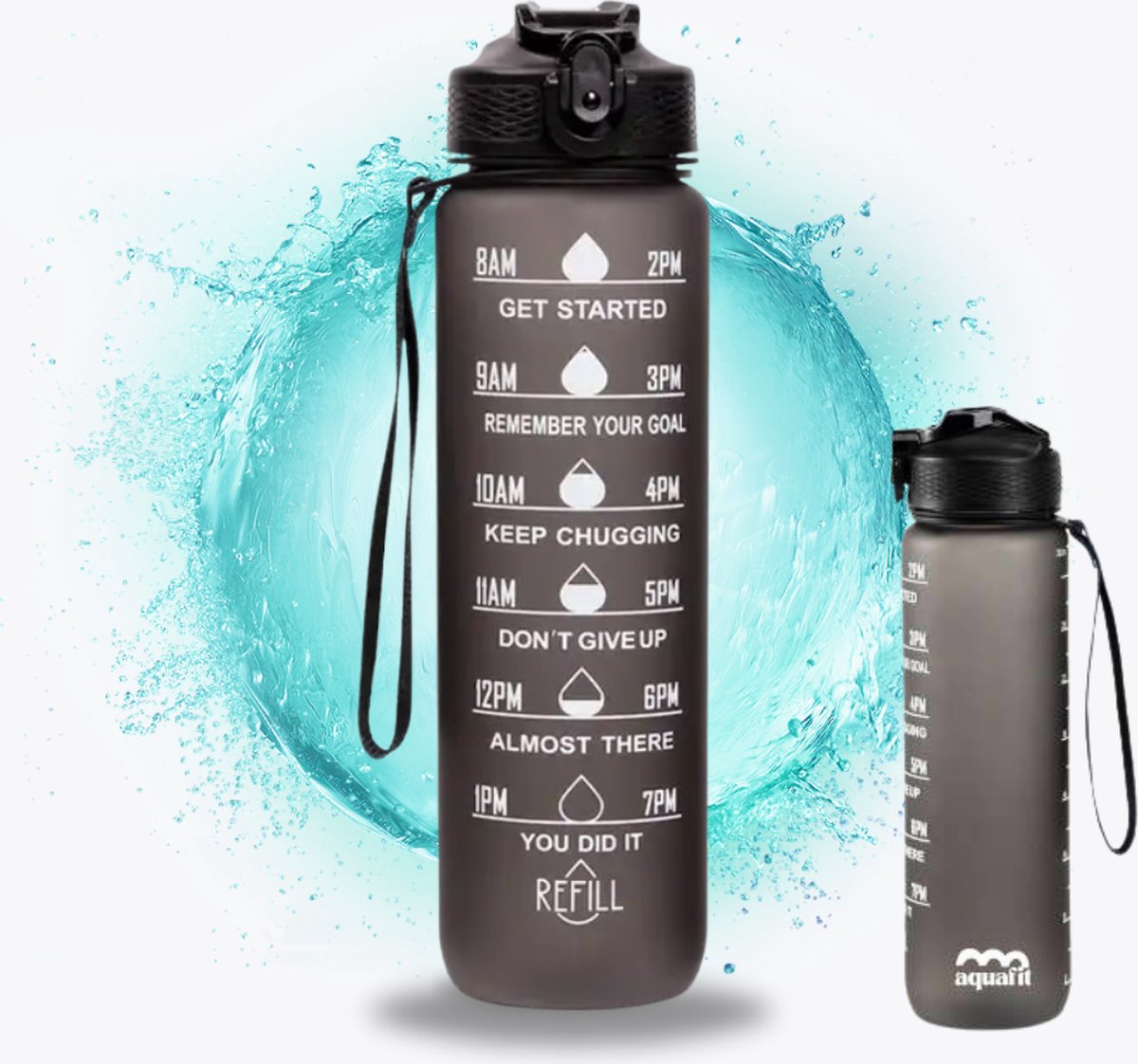 Aquafit Motivatie Waterfles - Drinkfles Met Rietje - BPA Vrij - Tijdmarkering - Volwassene Kinderen - 1 Liter - Zwart
