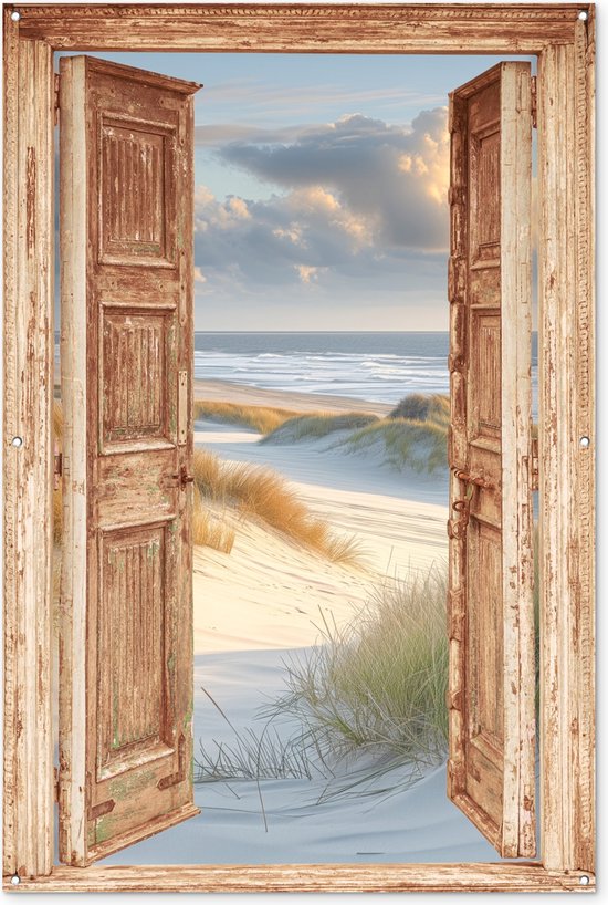 Foto: Tuinposter 120x180 cm strand doorkijk duinen helmgras waddenzee lichtbruine deur tuindecoratie voor buiten schutting decoratie muurdecoratie tuin schilderij tuindoek buitenposter