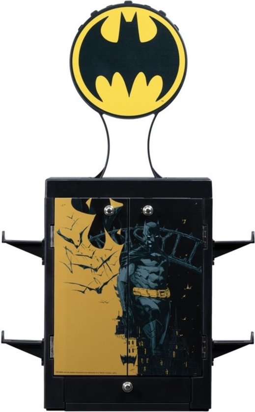 Zwarte opbergkast met Batman-afbeelding, gele Batman-logo, met controllerhouders aan zijkant.