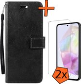 Hoesje Geschikt voor Samsung A35 Hoes Bookcase Flipcase Book Cover Met 2x Screenprotector - Hoes Geschikt voor Samsung Galaxy A35 5G Hoesje Book Case - Zwart