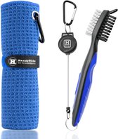 Microfiber golfhanddoek met wafelpatroon met karabijnhaak - racketborstel met racketgroefreiniger en intrekbare clip - onmisbare golf combo reinigingsset (blauw)