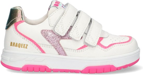 Braqeez 424251-500 Meisjes Lage Sneakers - Wit/Roze/Multicolor - Leer - Klittenband