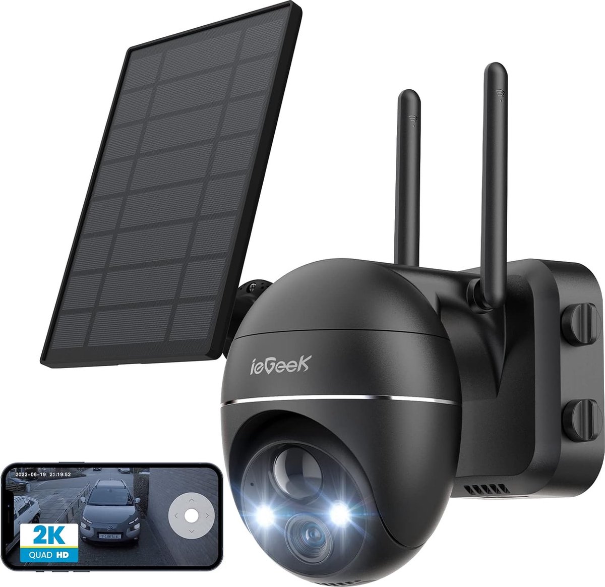 IeGEEK beveiligingscamera op zonne-energie 2k draadloze WiFi 360°PTZ-buitencamera 2 4GHz-wifi zonnepaneelcamera met schijnwerper sirene bewegingsdetectie compatibel met Alexa
