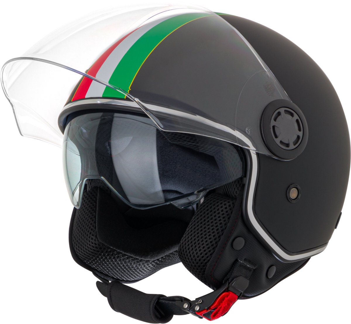 VINZ Varese Jethelm met dubbel vizier / Scooterhelm / Helm met Italiaanse vlag / Snorfiets Helm Snorscooter - Mat Zwart