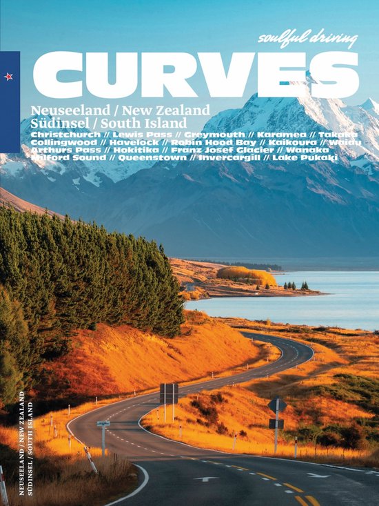 Boekomslag met een kronkelende weg die leidt naar een bergachtig landschap met een meer. Titel: CURVES, Neuseeland / New Zealand, Südinsel / South Island.