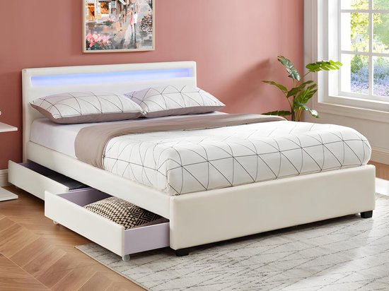 Bed 160 x 200 cm met opbergruimte - Wit kunstleer met ledlampen + matras - ALOIS II L 216 cm x H 85 cm x D 170 cm