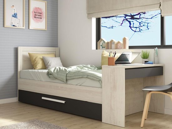 Uitschuifbaar bed 2 x 90 x 200 cm - Met bureau - Kleur: naturel en antraciet + bedbodem - VOUANI L 237.5 cm x H 100.5 cm x D 98.7 cm