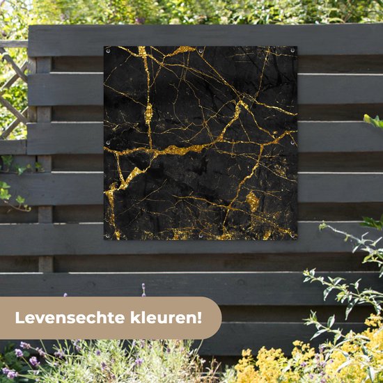 Tuinposter 100x100 cm - Tuindecoratie Marmer - Goud - Zwart - Marmerlook - Luxe - Glitter - Poster voor in de tuin - Buiten decoratie - Schutting tuinschilderij - Tuindoek muurdecoratie - Wanddecoratie balkondoek