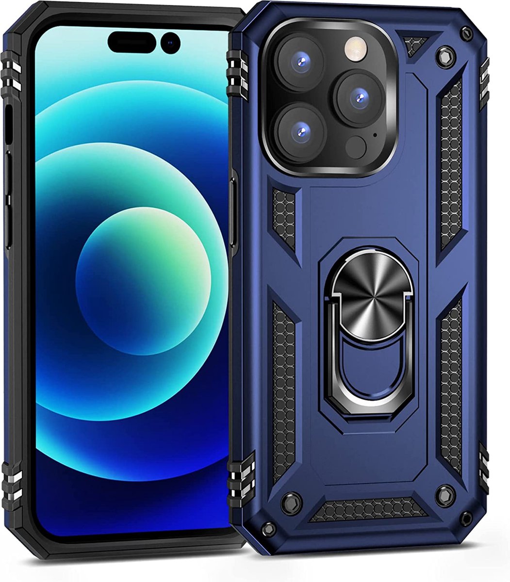 Anti-Shock Hybrid Ring Armor Hoesje Geschikt voor: iPhone 14 Pro - Blauw