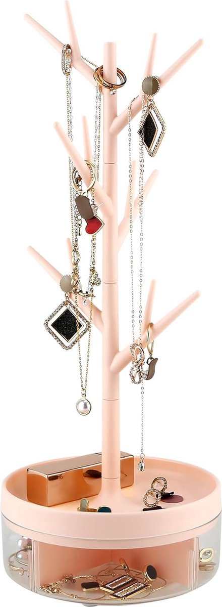 Stijlvol Sieradenrek met Draaibare Basis en Opbergdoos - Organizer voor Ringen, Oorbellen, Kettingen & Armbanden