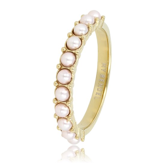 My Bendel - Ring goudkleurig met kleine roze parels - Goudkleurige aanschuifring met kleine roze parels - Met luxe cadeauverpakking