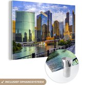 MuchoWow® Glasschilderij 30x20 cm - Schilderij acrylglas - Chicago - Rivier - Toren - Foto op glas - Schilderijen