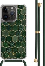 Casimoda® hoesje met groen koord - Geschikt voor iPhone 13 Pro - Kubus Groen - Afneembaar koord - TPU/polycarbonaat - Groen