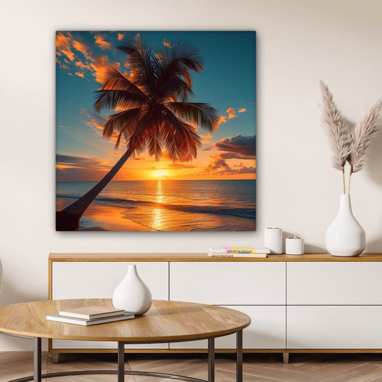 Canvas Schilderij 90x90 cm - Zonsondergang - Palmboom - Zee - Horizon - Strand - Muurdecoratie woonkamer - Woondecoratie - Kamer accessoires - Natuur schilderijen