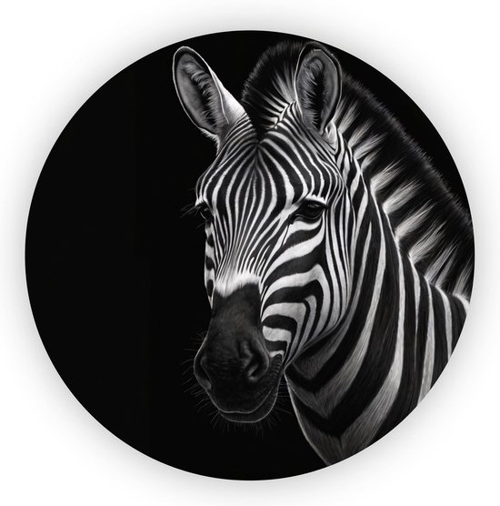 Schilderij Zebra - Zwart wit wandcirkel - Wandcirkels dieren - Klassieke schilderijen - Schilderij forex - Muurkunst - 60 x 60 cm 3mm