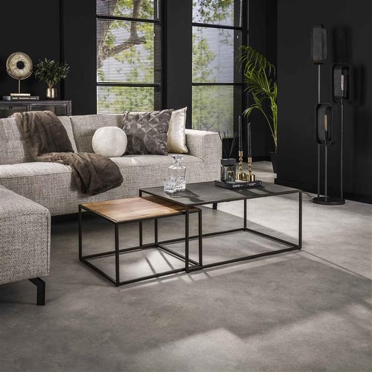 Dimehouse DH Interior Salontafel Set van 2 Veronika Acaciahout/Leisteen - 90 x 60 x 40 cm - Steen - Industrieel - Rechthoek