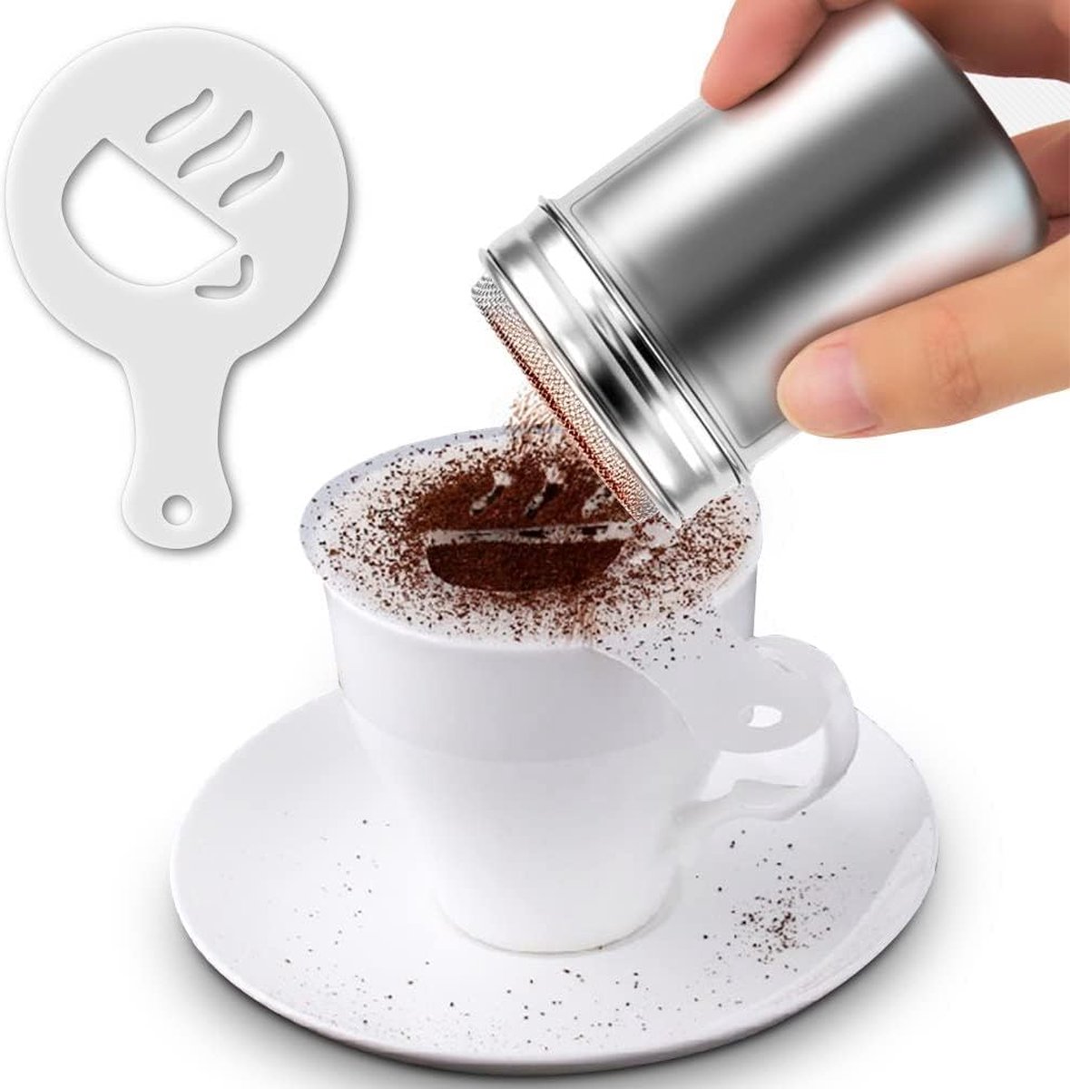 Roestvrijstalen poedersuiker-strooier, chocoladestrooier, cacaostrooier voor cappuccino met 16 barista-sjablonen maatlepel barista-pen, koffieaccessoires, gereedschap voor koffie, cappuccino
