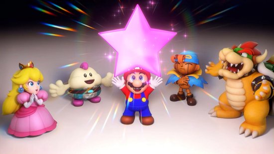 Mario houdt een glinsterende ster omhoog, omringd door Prinses Peach, Bowser en andere personages.