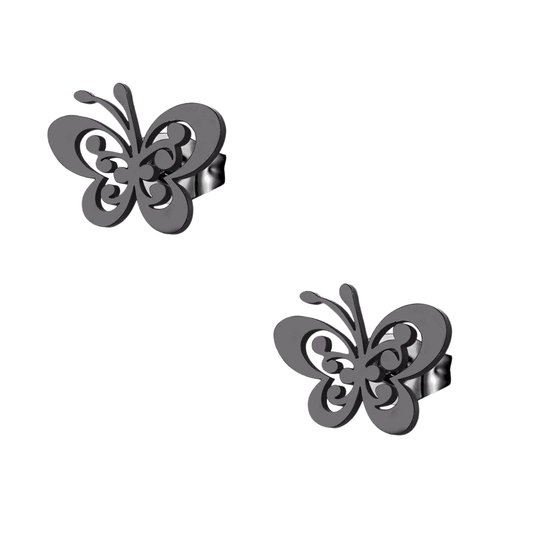 Aramat Jewels - Oorknopjes Vlinder - Zwart Chirurgisch Staal - 8mm x 10mm - Unisex - Elegante Sieraden - RVS - Stijlvol Accessoire - Perfect Cadeau - Zwarte oorbellen - Dieren oorbellen - Zwarte oorstekers