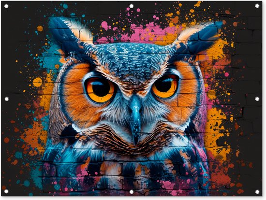 Tuinposter - Tuindoek - Tuinposters buiten - Uil - Vogel - Kleurrijk - Graffiti - Art - 120x90 cm - Tuin..